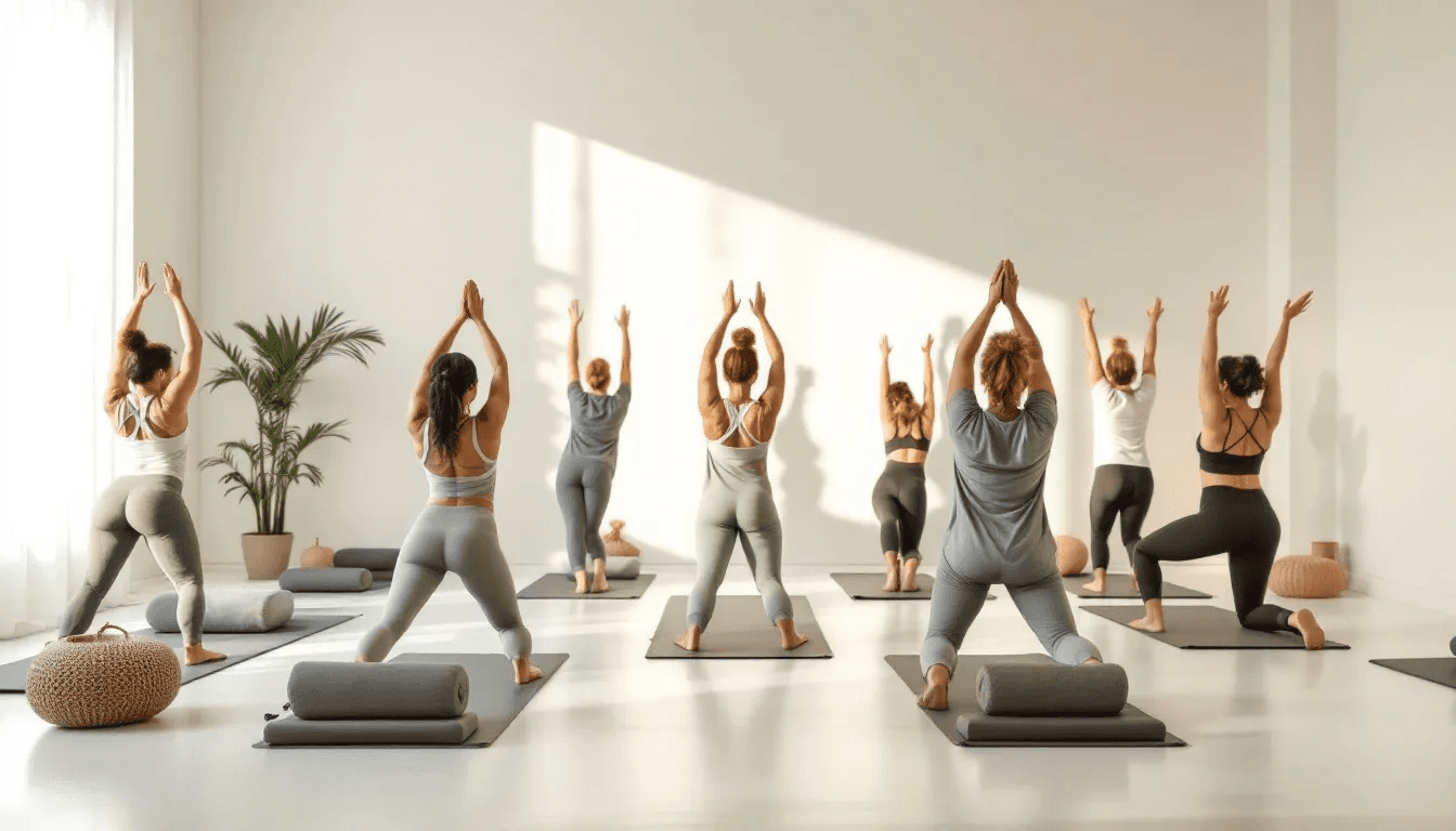 A diverse group of clients participating in a pilates class suitable for all fitness levels.