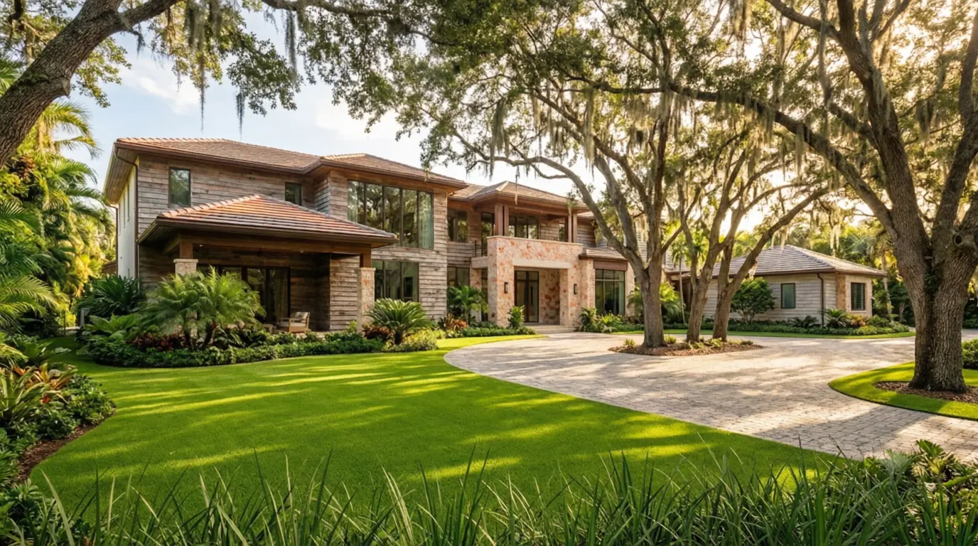 Front exterior view of a luxury estate featuring a wood and stone facade, winding circular driveway, manicured lawn, and majestic oak trees draped in Spanish moss