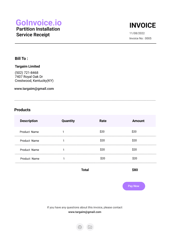 Partition Installation Service Receipt