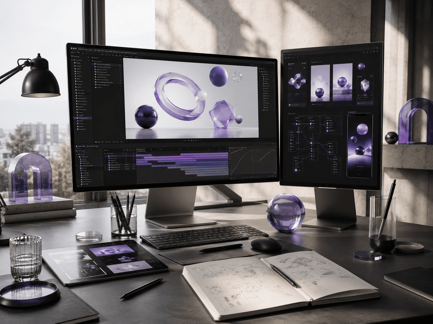 Cover(8).png Alt text: Minimal creative portfolio displayed across a desktop monitor and tablet, featuring abstract purple glass 3D compositions, editorial gallery layouts, and premium visual branding in a bright modern workspace with floating translucent geometric objects. 2(39).png Alt text: