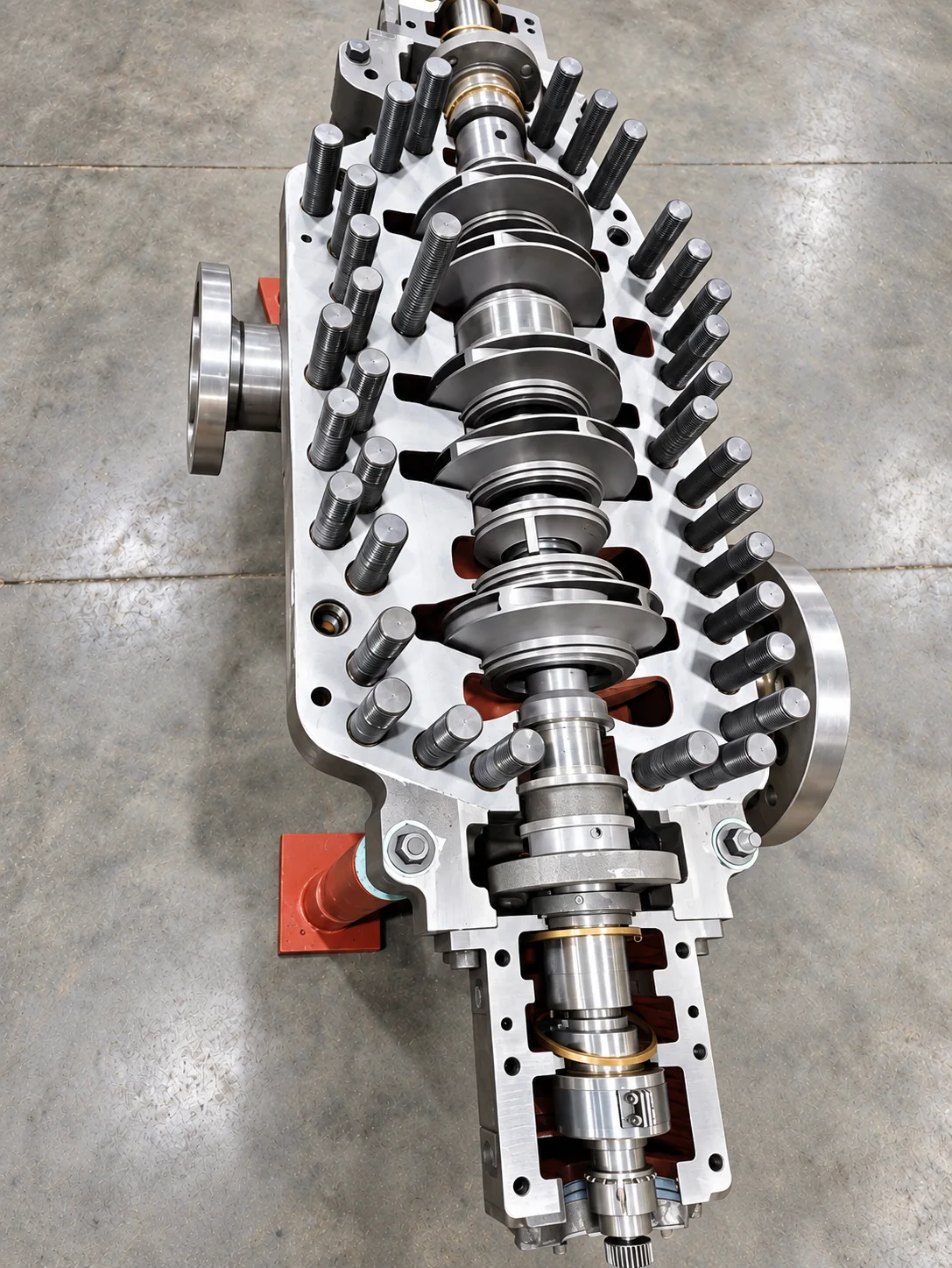Open industrial pump assembly with exposed shaft, internal components and housing studs