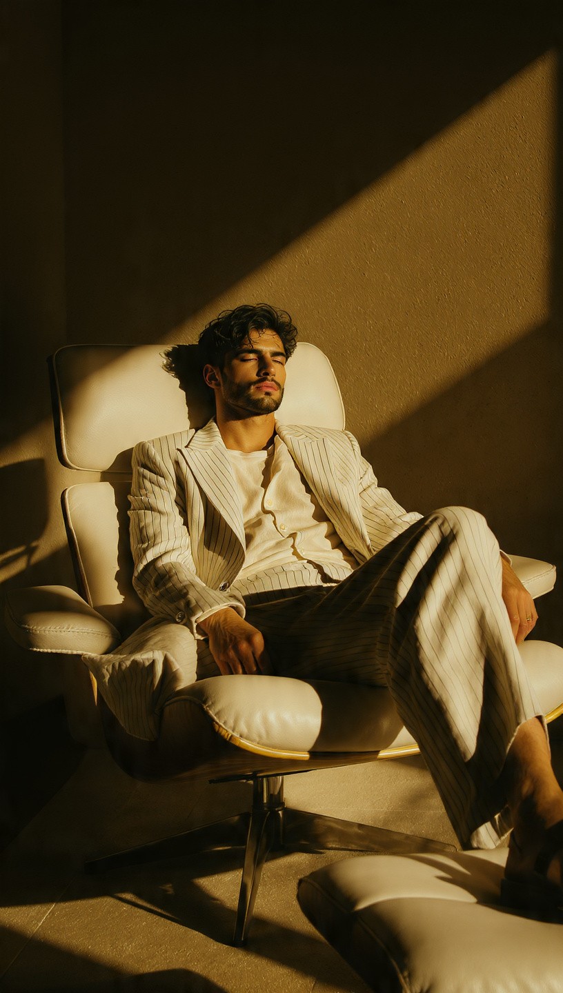 A man reclining in a lounge chair with warm, diagonal sunlight.