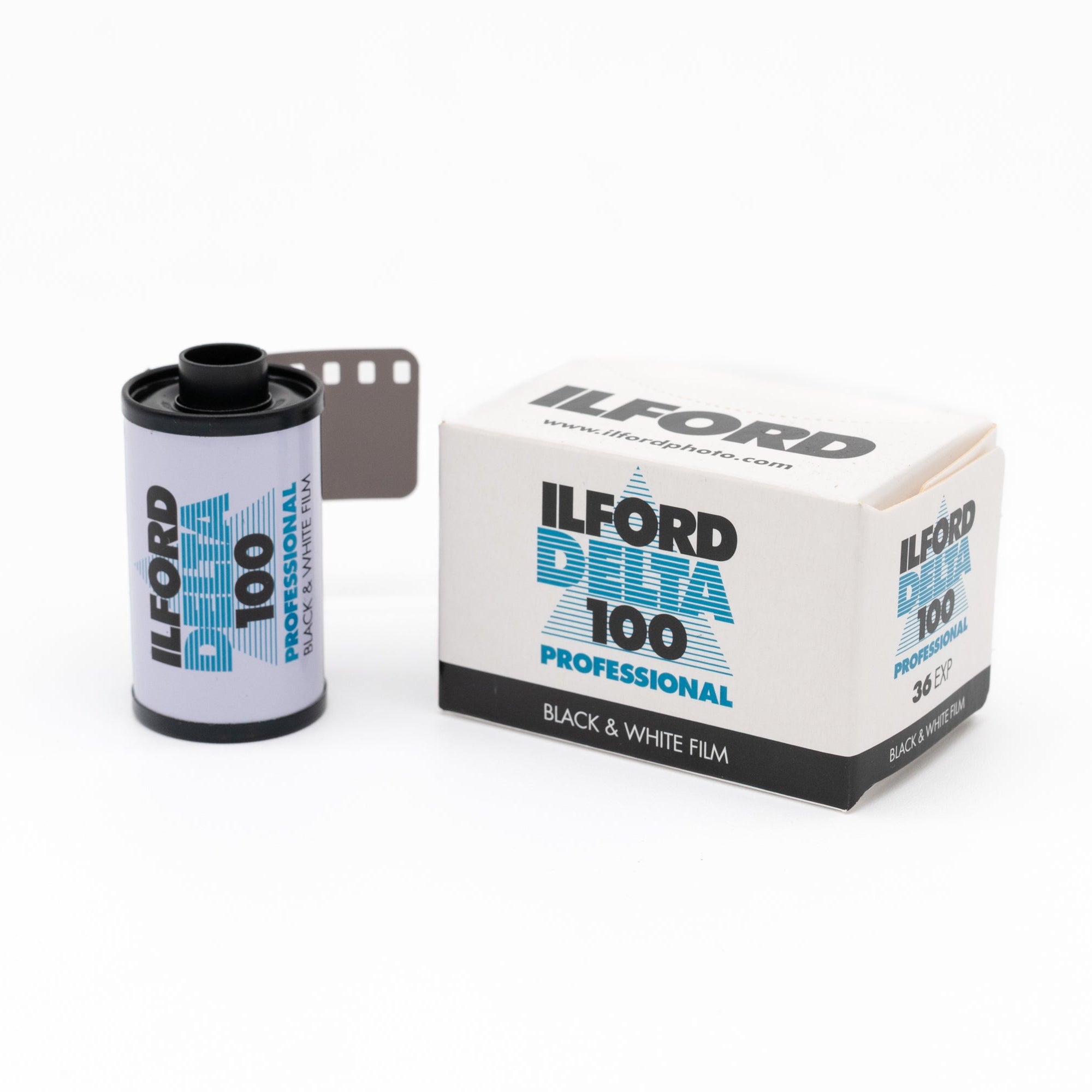 Ilford Delta 100 black and white film canister and packaging