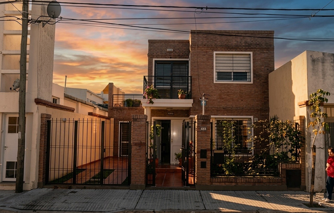 Fachada de casa de ladrillo visto a dos plantas con garage, barrio Echesortu, Rosario