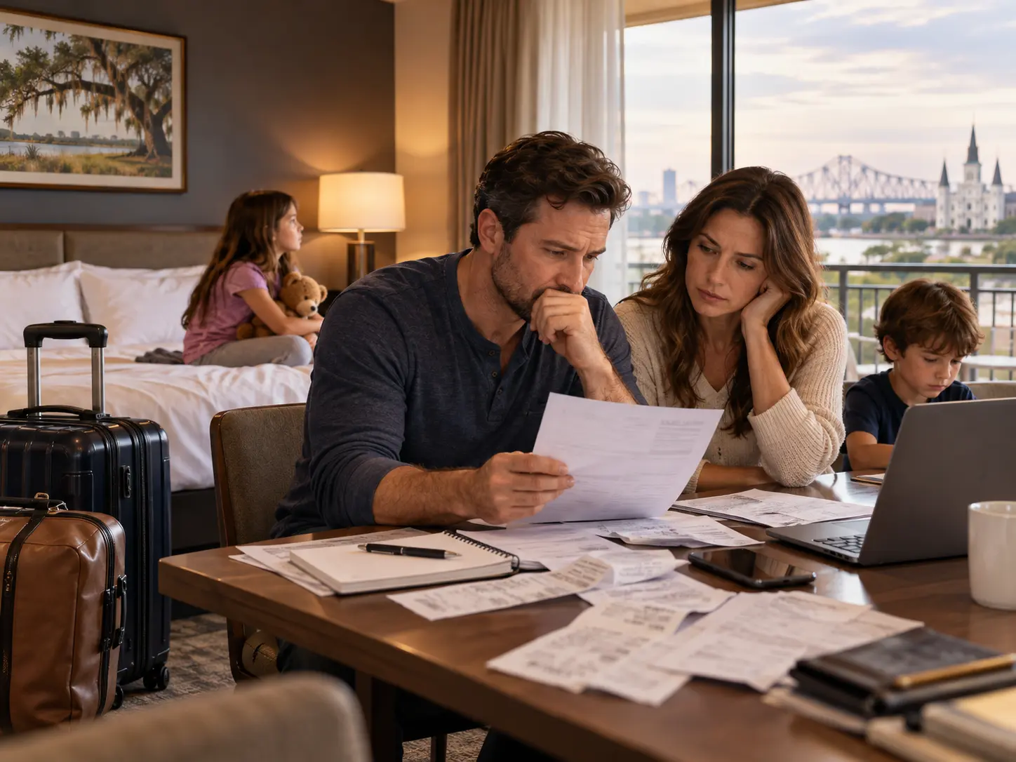 Family reviewing living-expense documents in temporary housing after property damage.