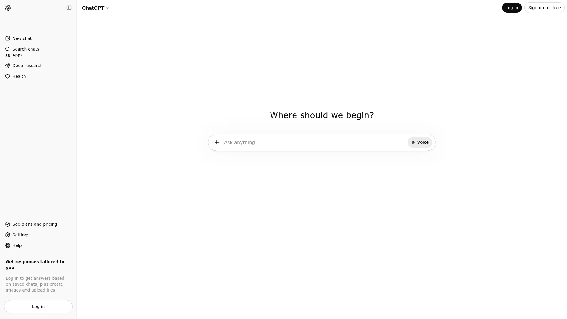 ChatGPT chat interface showing the Ask anything prompt with sidebar navigation and Deep Research option
