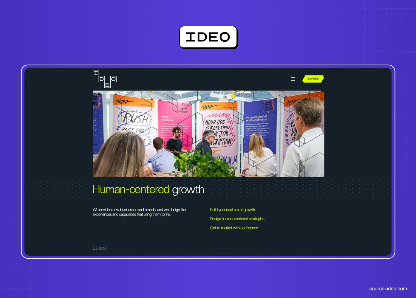 IDEO website featuring a workshop photograph and the headline “Human-centered growth” on a dark interface.