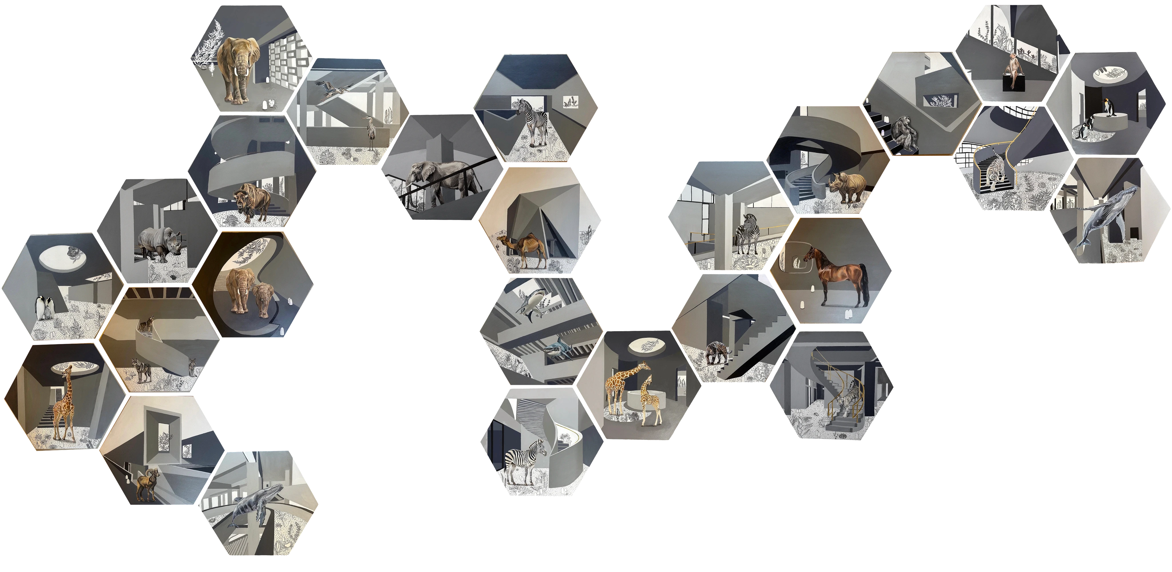 A mosaic of hexagonal panels forming an installation titled Tropico Mall, each panel showing a different animal (giraffe, zebra, elephant, horse, penguin, rhino) placed within brutalist architectural interiors. Stark greys contrast with hand-drawn botanical motifs embedded in the floors and walls.