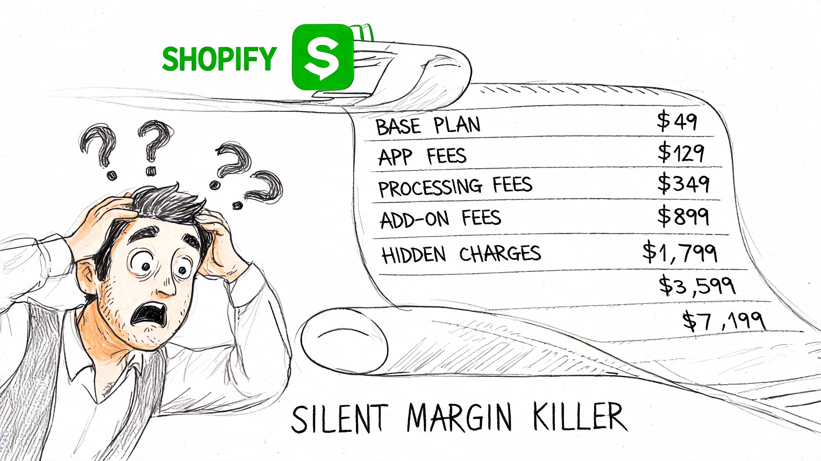 A hand-drawn illustration depicting a stressed business owner looking at a long list of expensive Shopify fees.