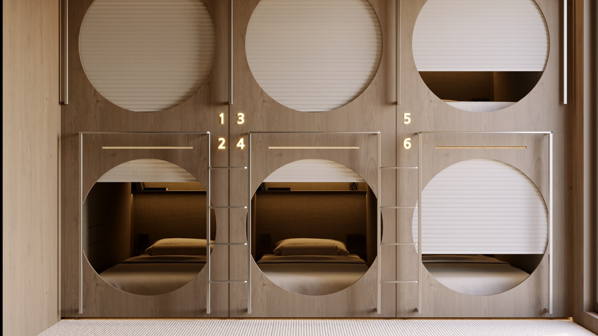 Capsule hotel rooms. Six wooden sleeping pods each with a bed, numbered 1-6. Interior of a hotel.