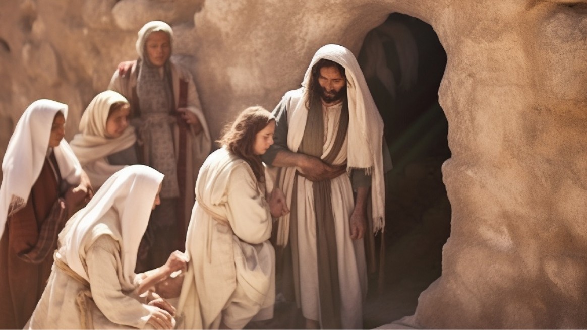 Jesus at the tomb of Lazarus accompanied by Mary and Martha