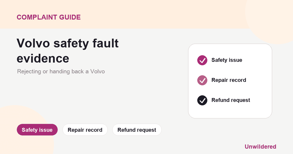 Explainer card for Rejecting or handing back a Volvo: Safety issue, Repair record, Refund request.