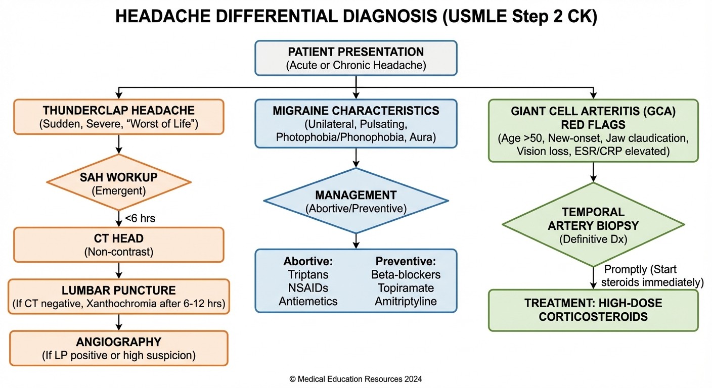 Headache differential diagnosis algorithm for USMLE Step 2 CK neurology