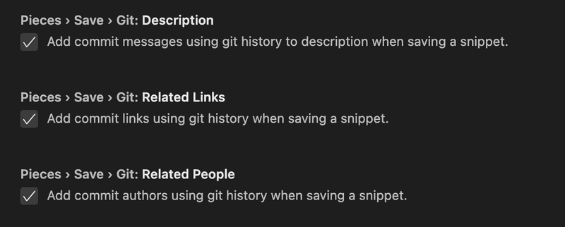 The settings menu for which Git context you'd like to capture.