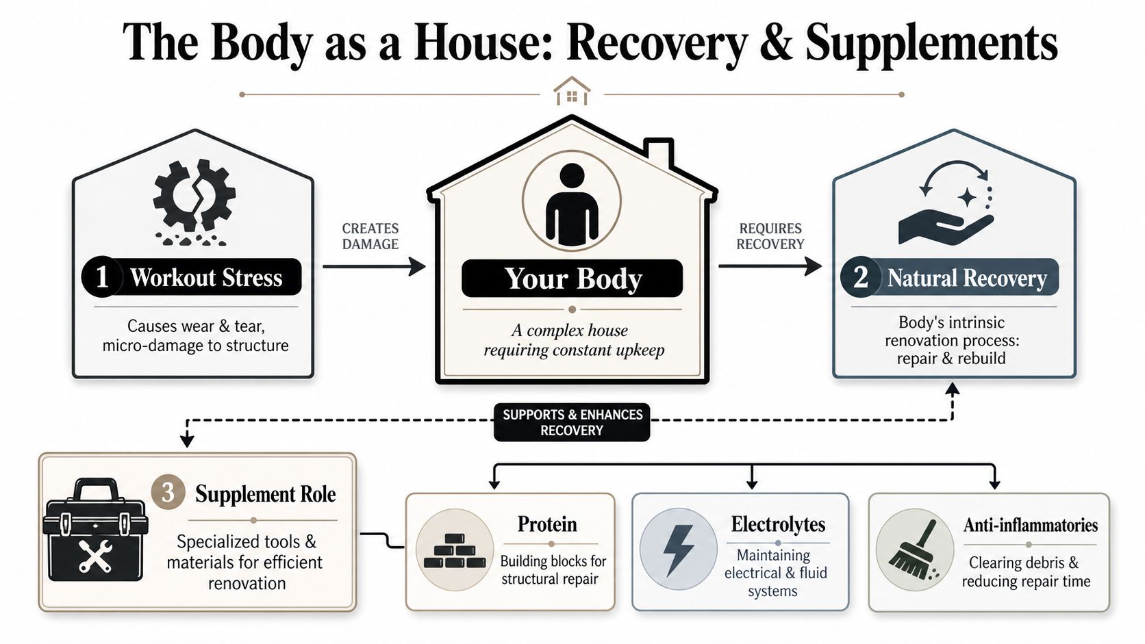A diagram comparing the body to a house, explaining workout stress, natural recovery, and supplement roles.
