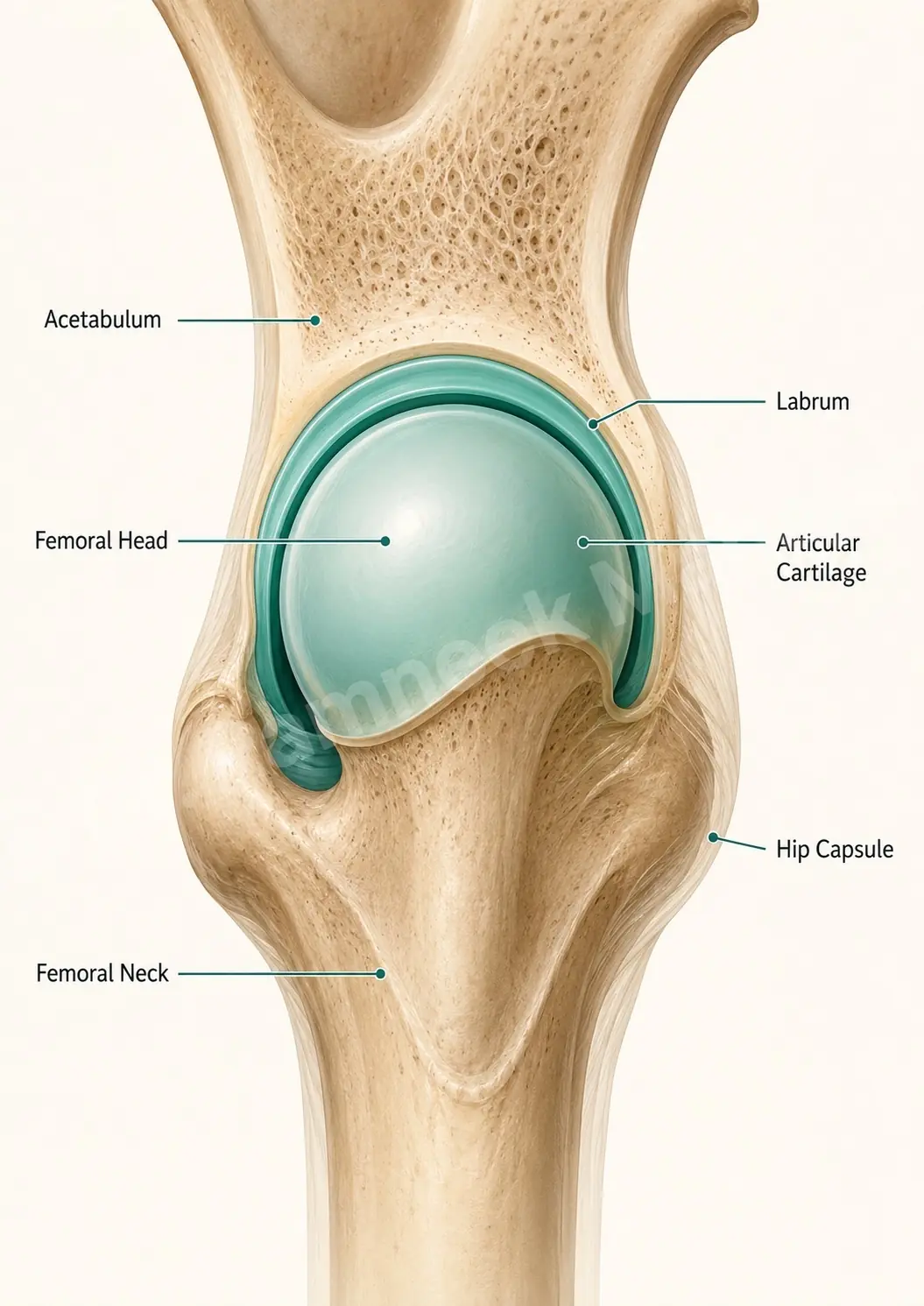 Healthy hip anatomy with intact femoral head, labrum and cartilage - the baseline reference before robotic hip replacement.