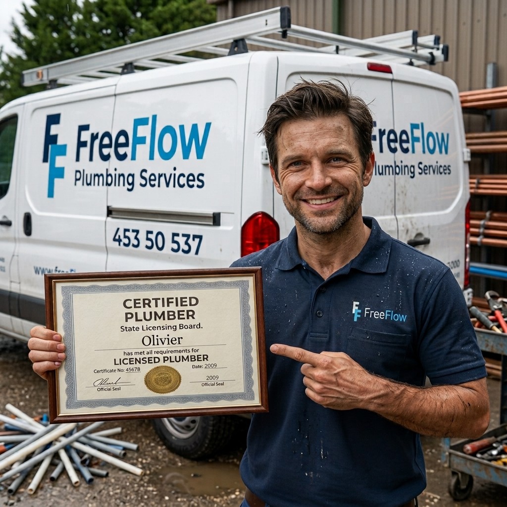 Certified FreeFlow plumber smiling in front of a service van while holding a professional license certificate.