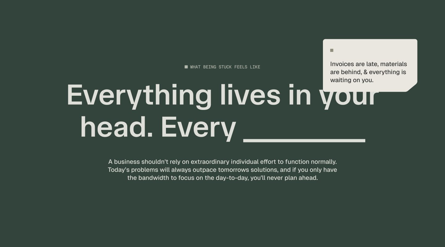 The new careyjones.ca problem section in dark green, with the headline Everything lives in your head and a note card reading Invoices are late, materials are behind, and everything is waiting on you