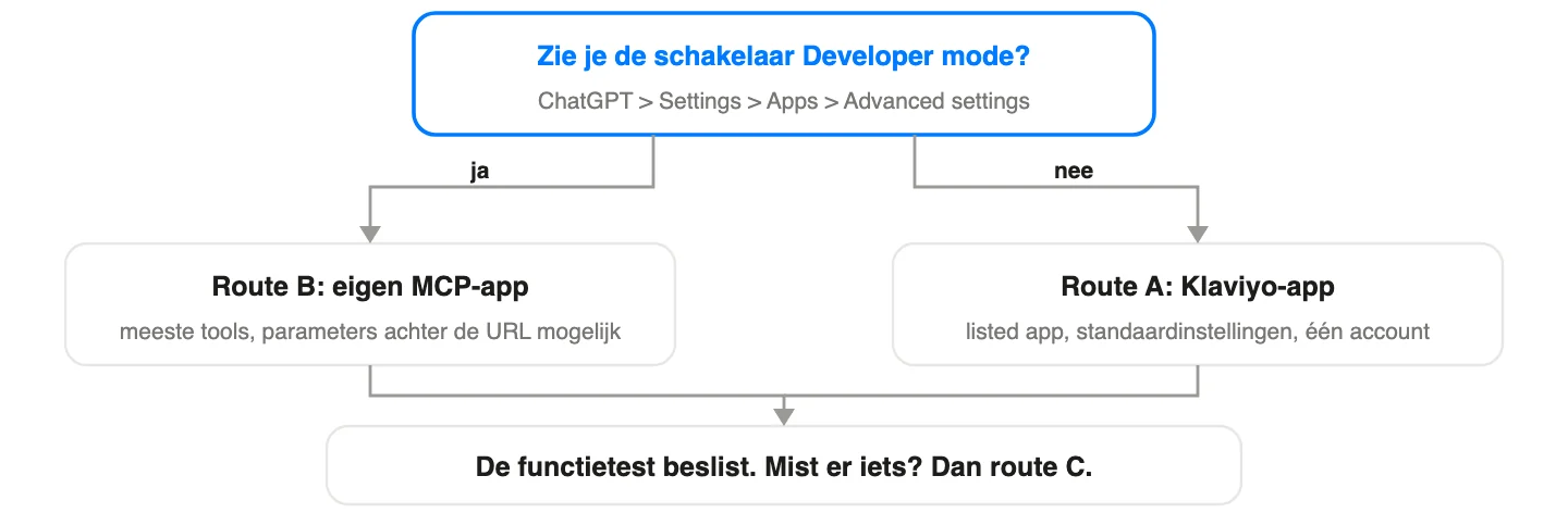Schema: Routekeuze. Zonder Developer mode start je met de Klaviyo-app; de functietest bepaalt of je verder kunt.