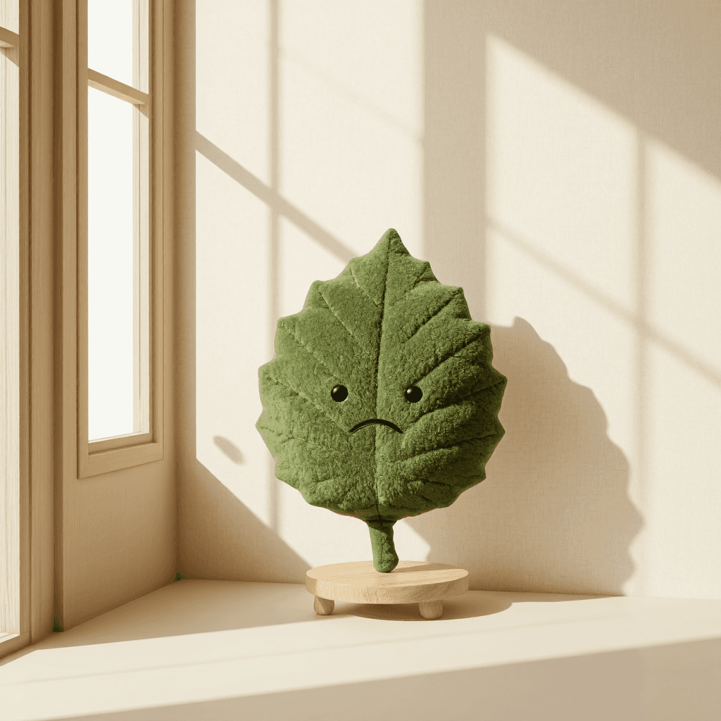 product photography of a plush toy shaped like a leaf with a face, designed for decoration or comfort