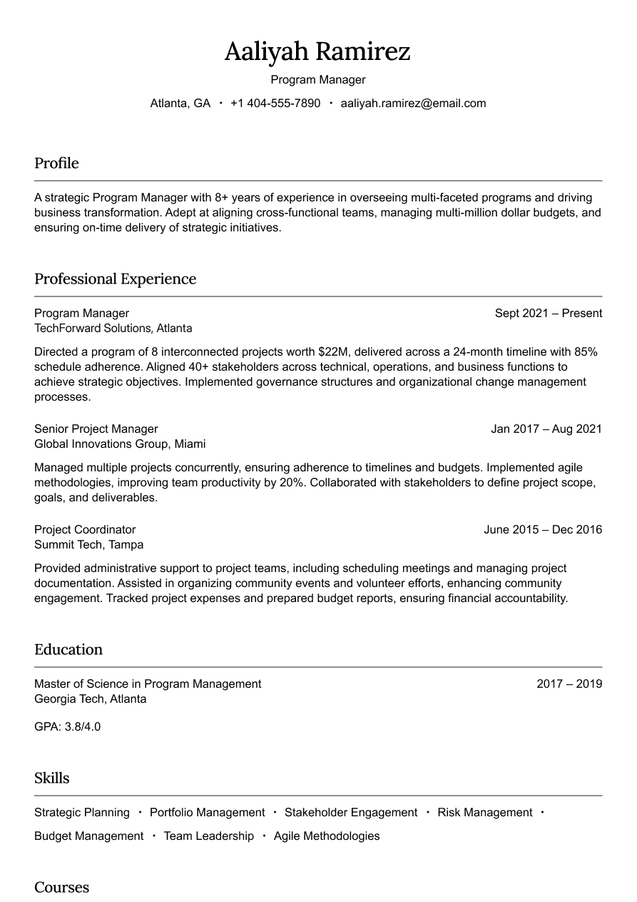 Program manager resume example emphasizing strategic oversight
