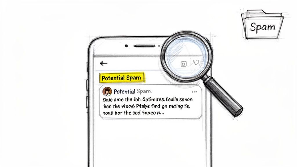 A smartphone screen displays a "Potential Spam" message, magnified by a glass, with a spam folder icon.