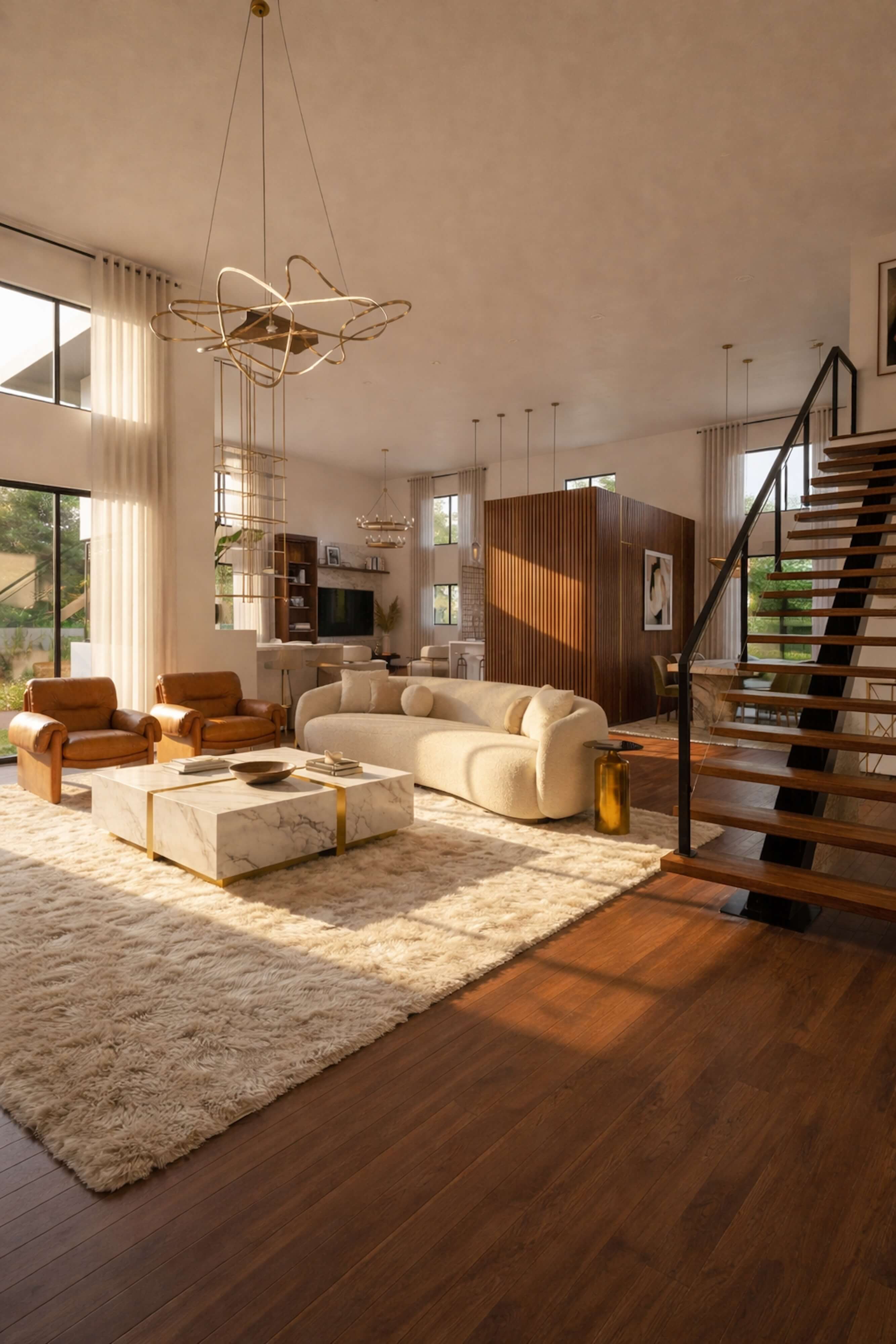 A luxury open concept living room featuring sculptural curved seating, warm wood floors, layered rugs, statement pendant lighting, and floor-to-ceiling windows that fill the space with natural light and create an airy, modern atmosphere.