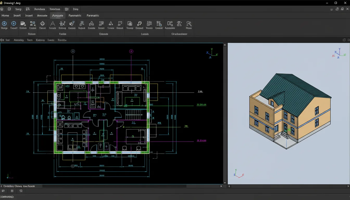 A screenshot of architectural design software, Autodesk AutoCAD, in a Modern Dark Mode interface. The screen is split into two viewports. The larger left viewport displays a complex 2D wireframe floor plan of a building, with precise linework in vibrant yellow, green, magenta, and white on a black canvas. The smaller right viewport shows a 3D isometric model of the building's exterior, rendered in a 'shaded with edges' style using ochre, teal, and blue colors. Above the viewports is a comprehensive ribbon toolbar filled with numerous professional drafting and annotation UI icons, and placeholder file tabs.