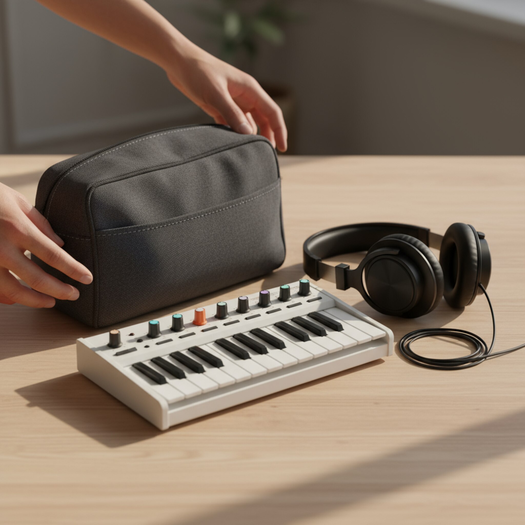 Auf einer sauberen Holzfläche werden ein Synthesizer, Kopfhörer und eine Tasche zu einem Paket arrangiert. Zwei Hände sortieren die Teile so, dass alles stimmig zusammenpasst. Das Licht fällt weich von der Seite, die Szene vermittelt Klarheit über Wert und Umfang des Angebots.