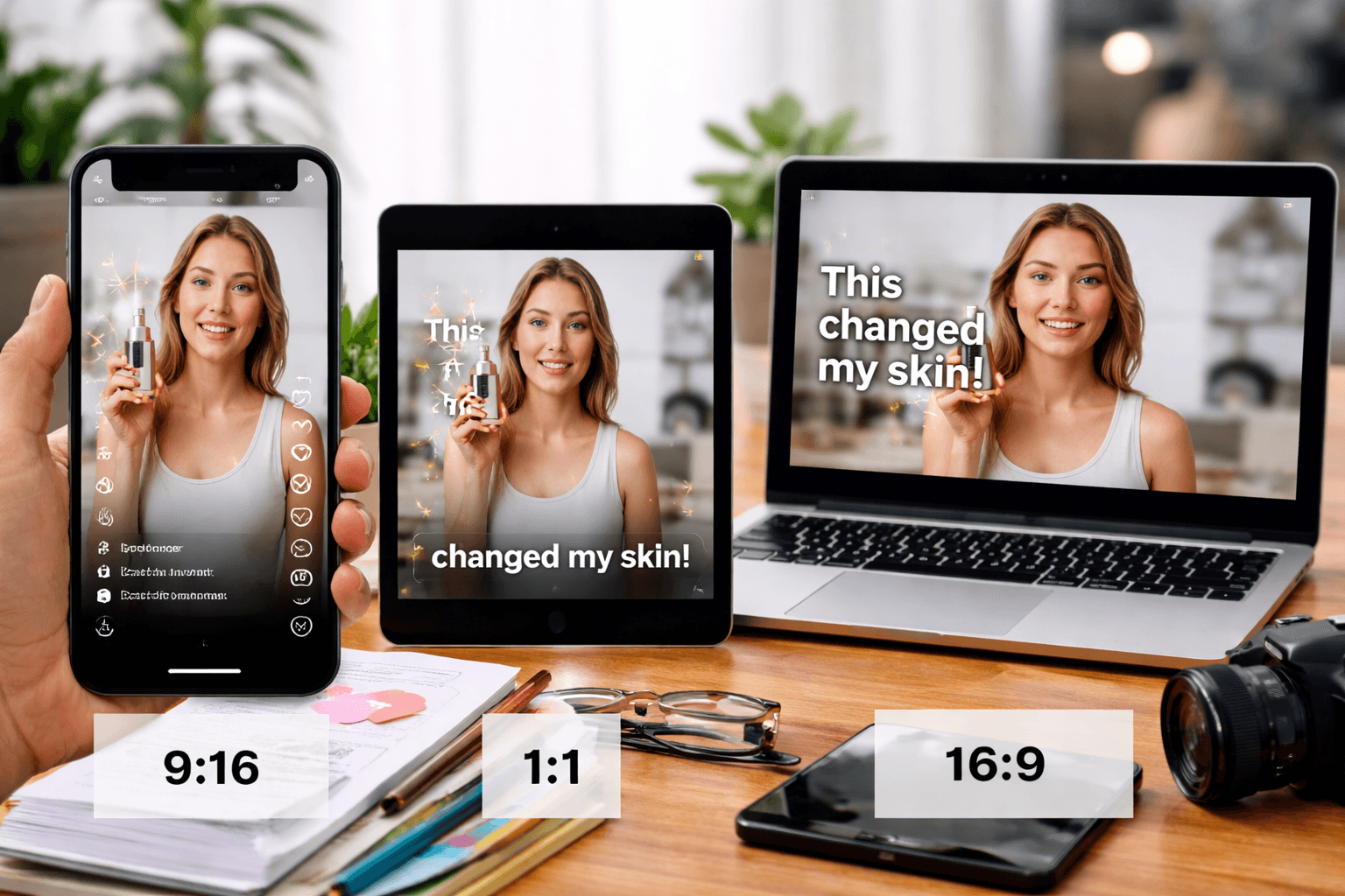 Young woman with short, dark hair and a yellow sweater looks serious, surrounded by hands holding smartphones, conveying intrusion and tension.