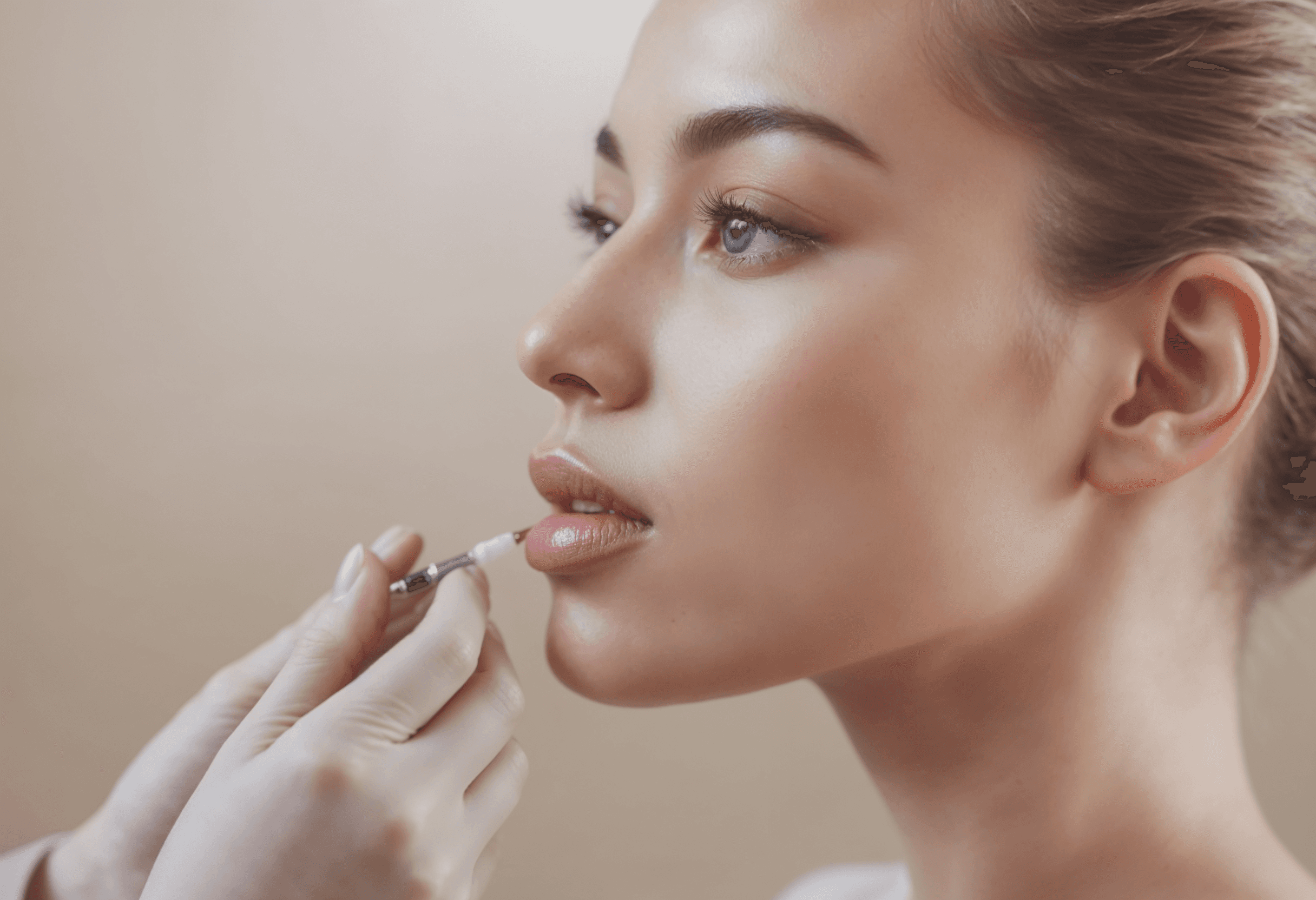 Portrait of a woman with long red hair and closed eyes, gently touching her face with both hands