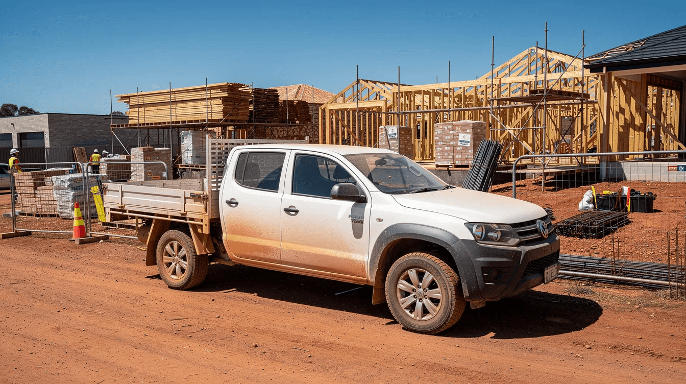 A white dual cab ute is parked at an Australian construction site, surrounded by various building materials. This work vehicle is ideal for service businesses, providing the necessary space to carry tools and equipment for commercial purposes.