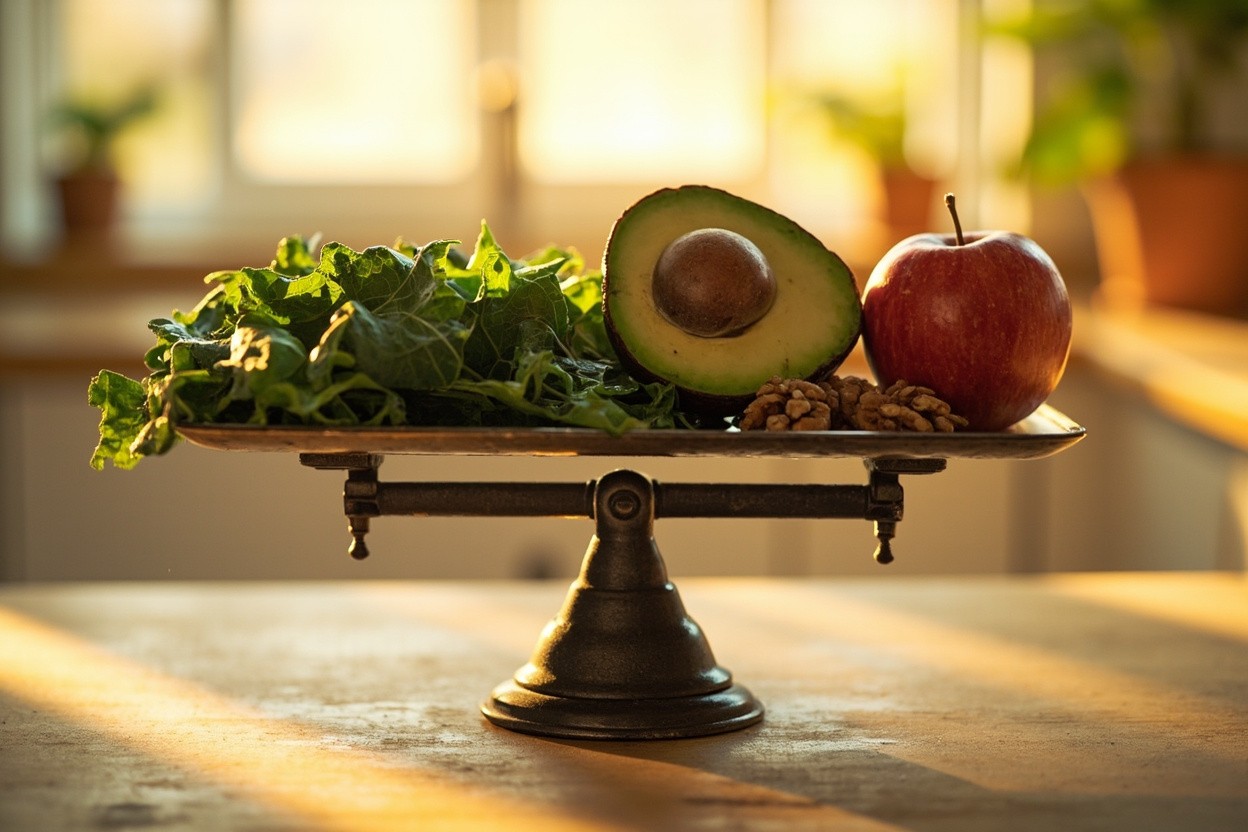 Balanced scale representing weight loss hypnosis effectiveness, featuring healthy food.