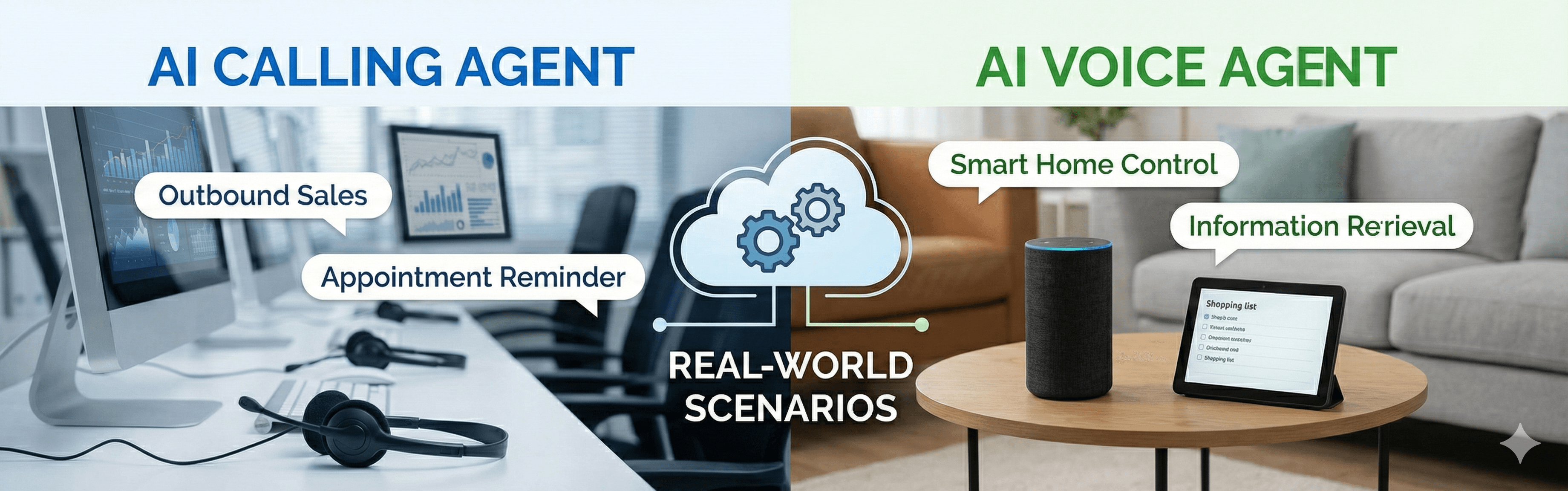 Infographic comparing real-world use cases of an AI Calling Agent for outbound sales and appointment reminders versus an AI Voice Agent for smart home control and information retrieval.