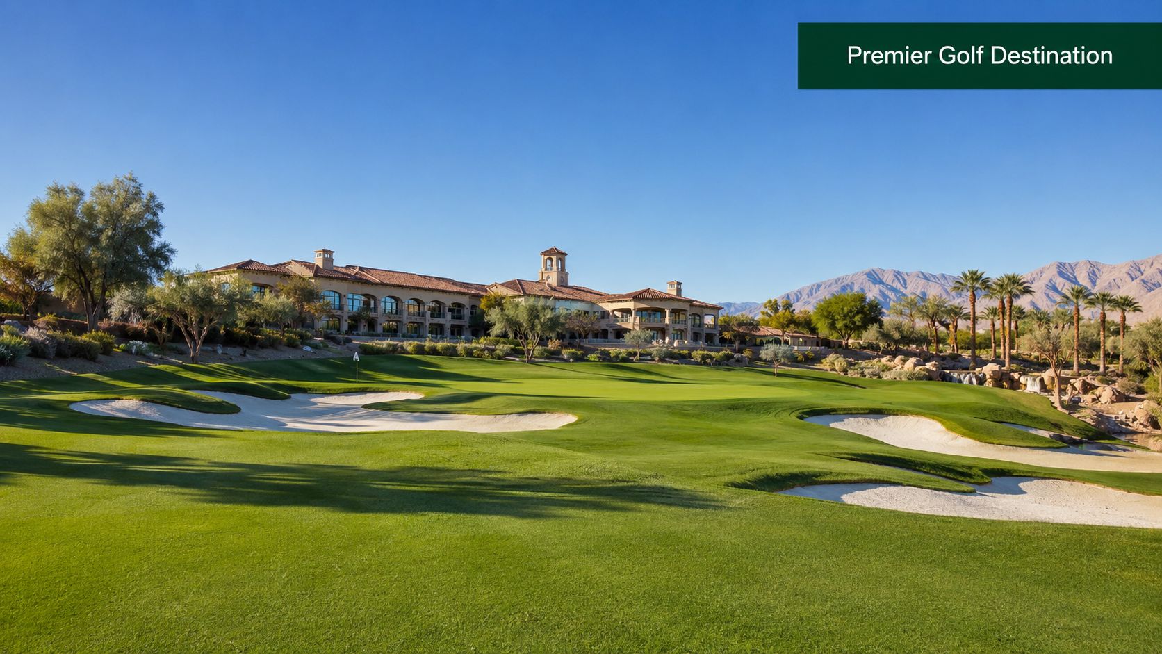 A scenic view of a lush green golf course featuring a large clubhouse and desert mountain backdrop.