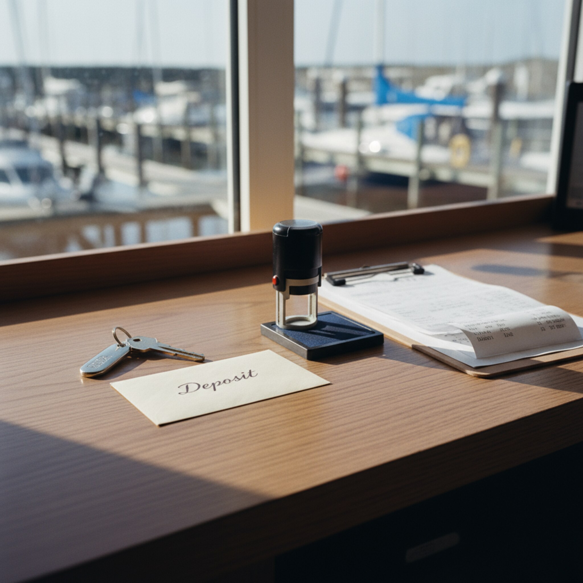 Ein aufgeräumter Tresen im Hafenbüro: Bootsschlüssel liegen neben einem kleinen, beschrifteten Umschlag für Kaution. Ein datierter Stempel und geordnete Belege warten bereit. Sonnenlicht fällt über die Holzfläche, alles wirkt ordentlich und nachvollziehbar.
