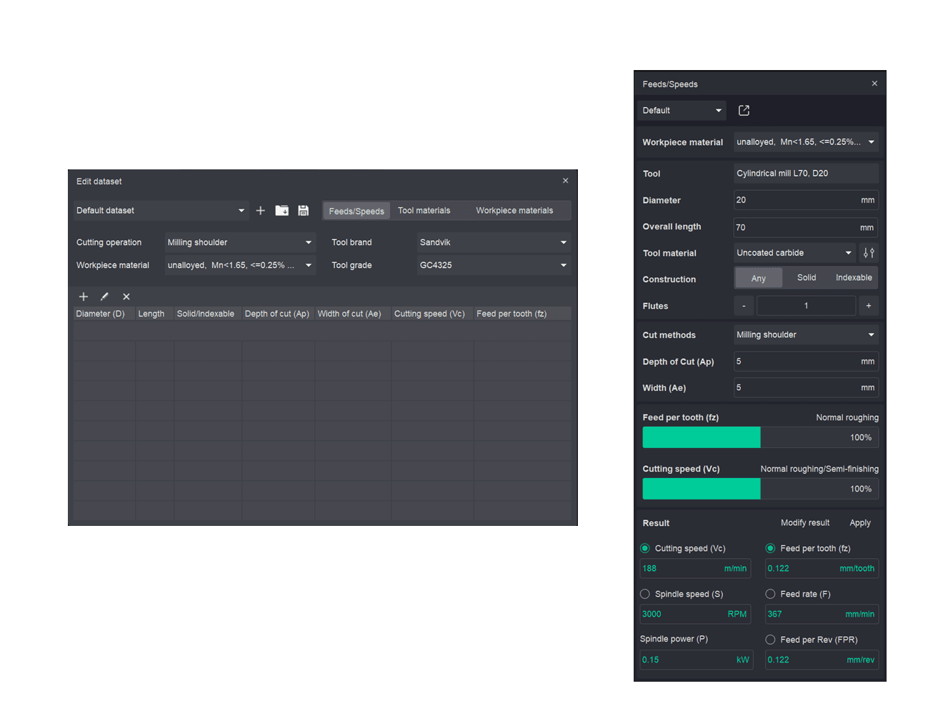 Interface du nouveau Feeds/Speeds Calculator d’ENCY 3.0 pour le calcul des conditions de coupe.