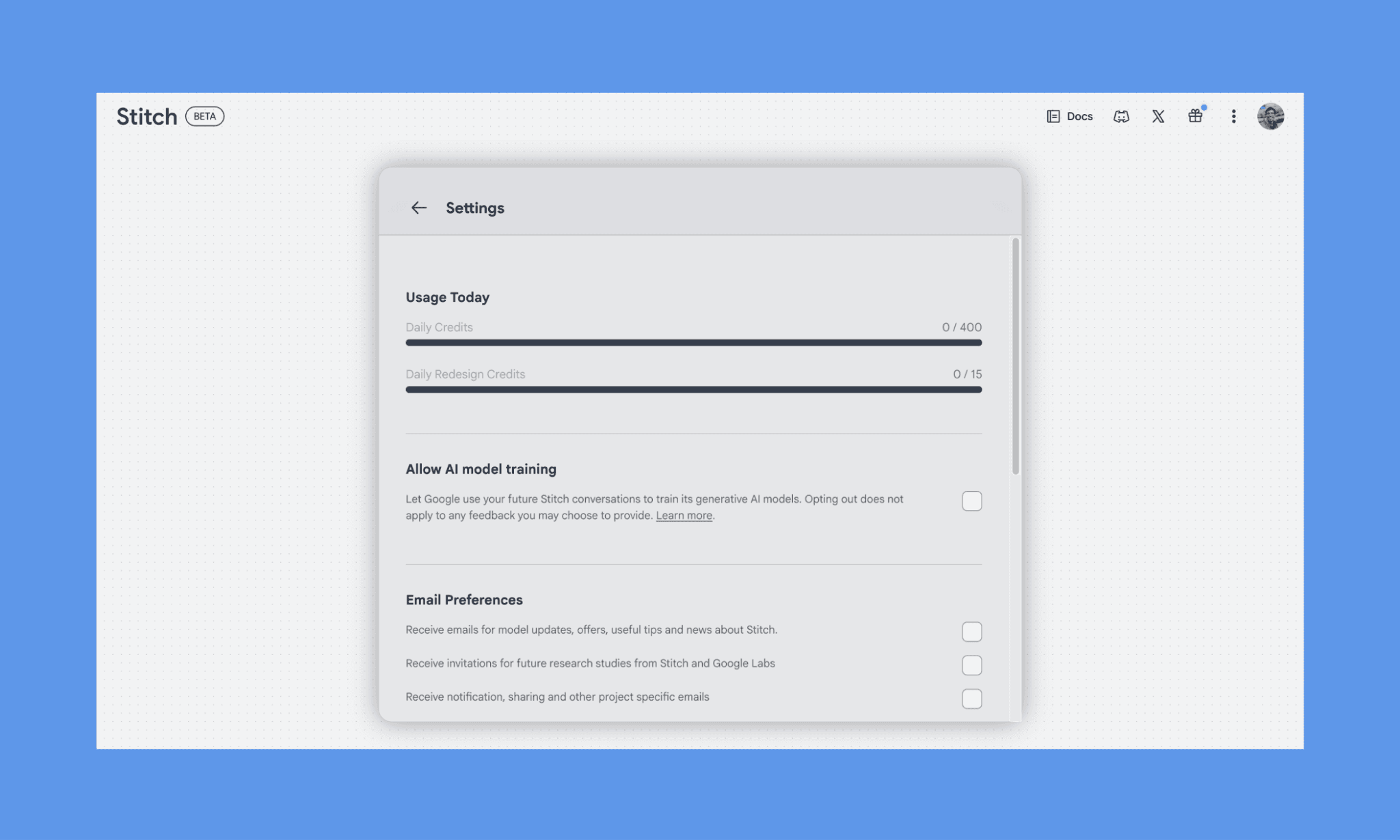 See the Google Stitch 2.0 daily credit limits from Settings.