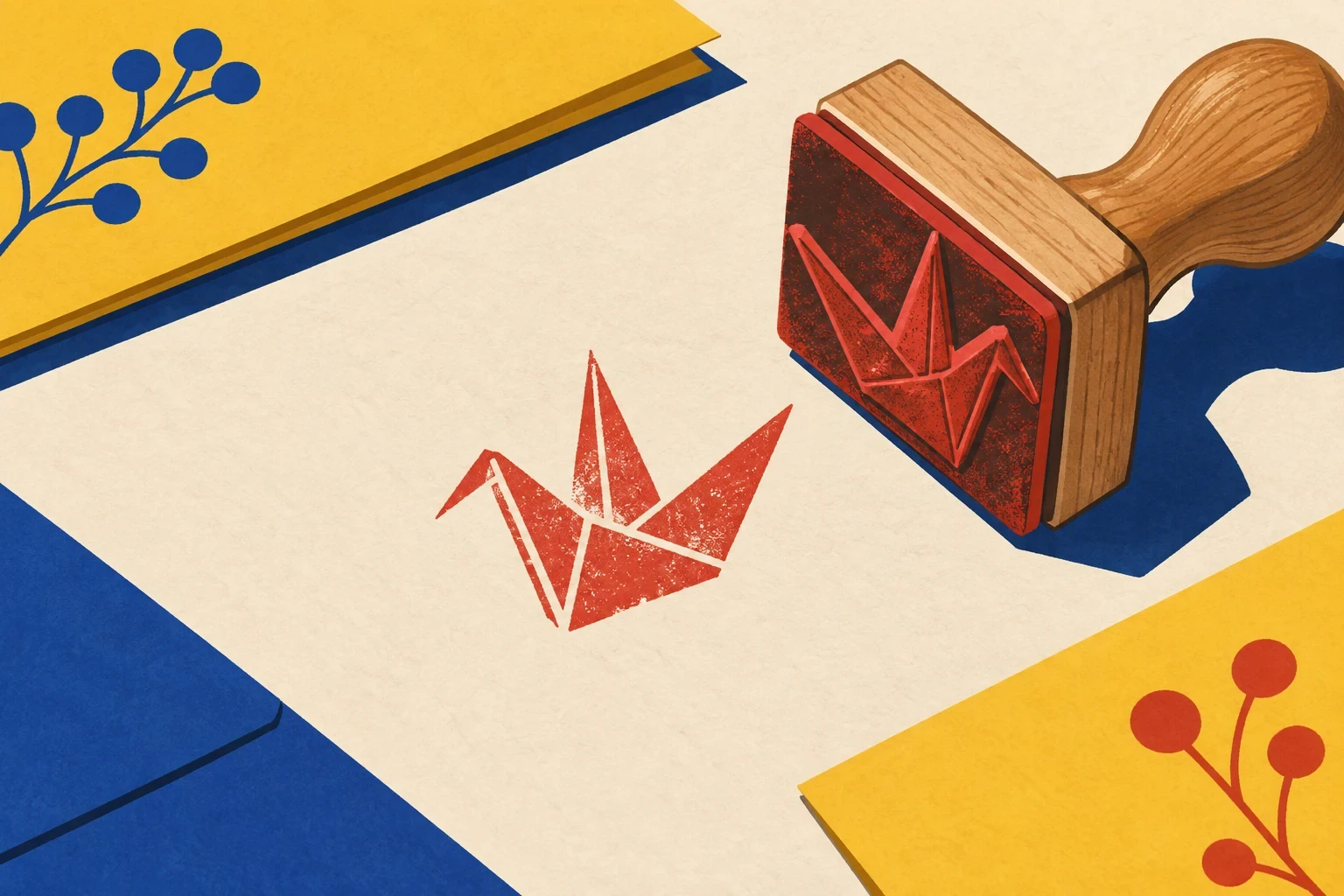 Rubber stamp with wood handle beside a fresh red crane-shaped ink print on textured cream paper, yellow and blue accent paper