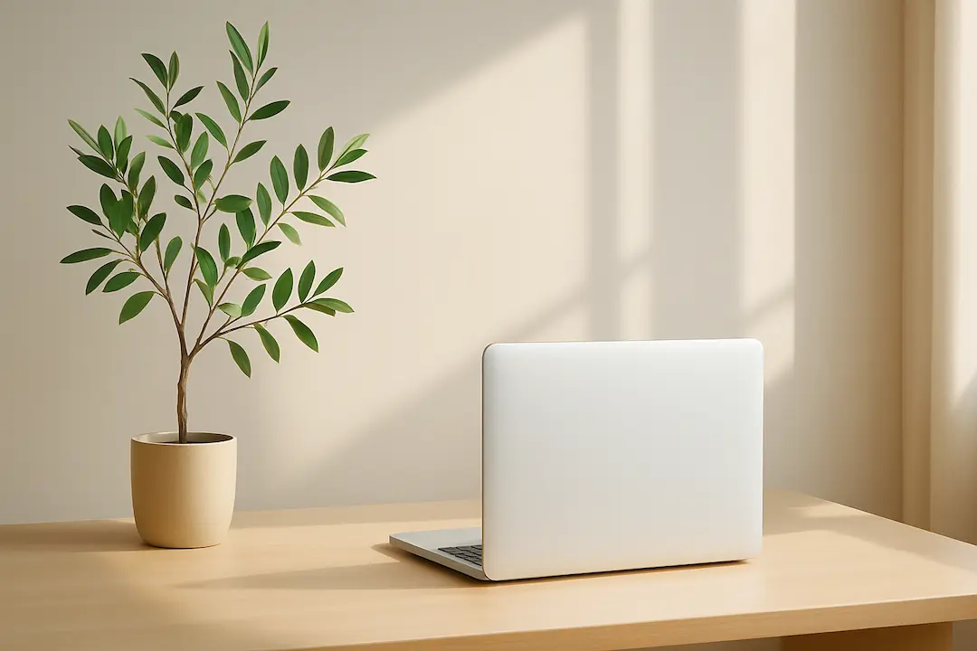 Laptop und Pflanze auf Holztisch