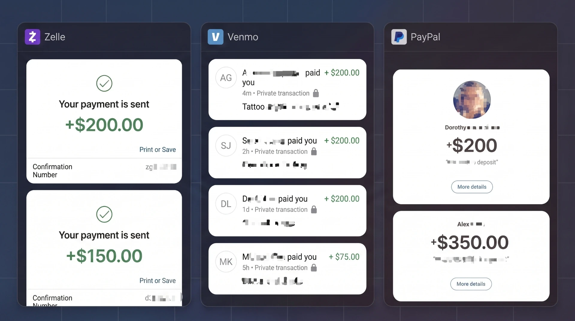 Tattoo deposit payments collected via Zelle, Venmo, and PayPal