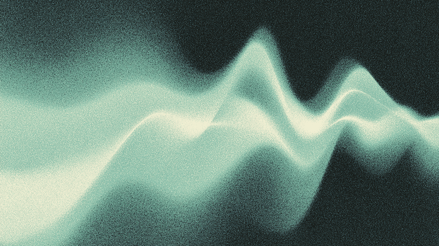 A grainy, stylized visualization of an abstract audio waveform. The wave flows horizontally in a gradient of soft teal and off-white against a dark, textured background. The visual represents the fluid nature of raw audio streams before they are partitioned through speaker diarization.