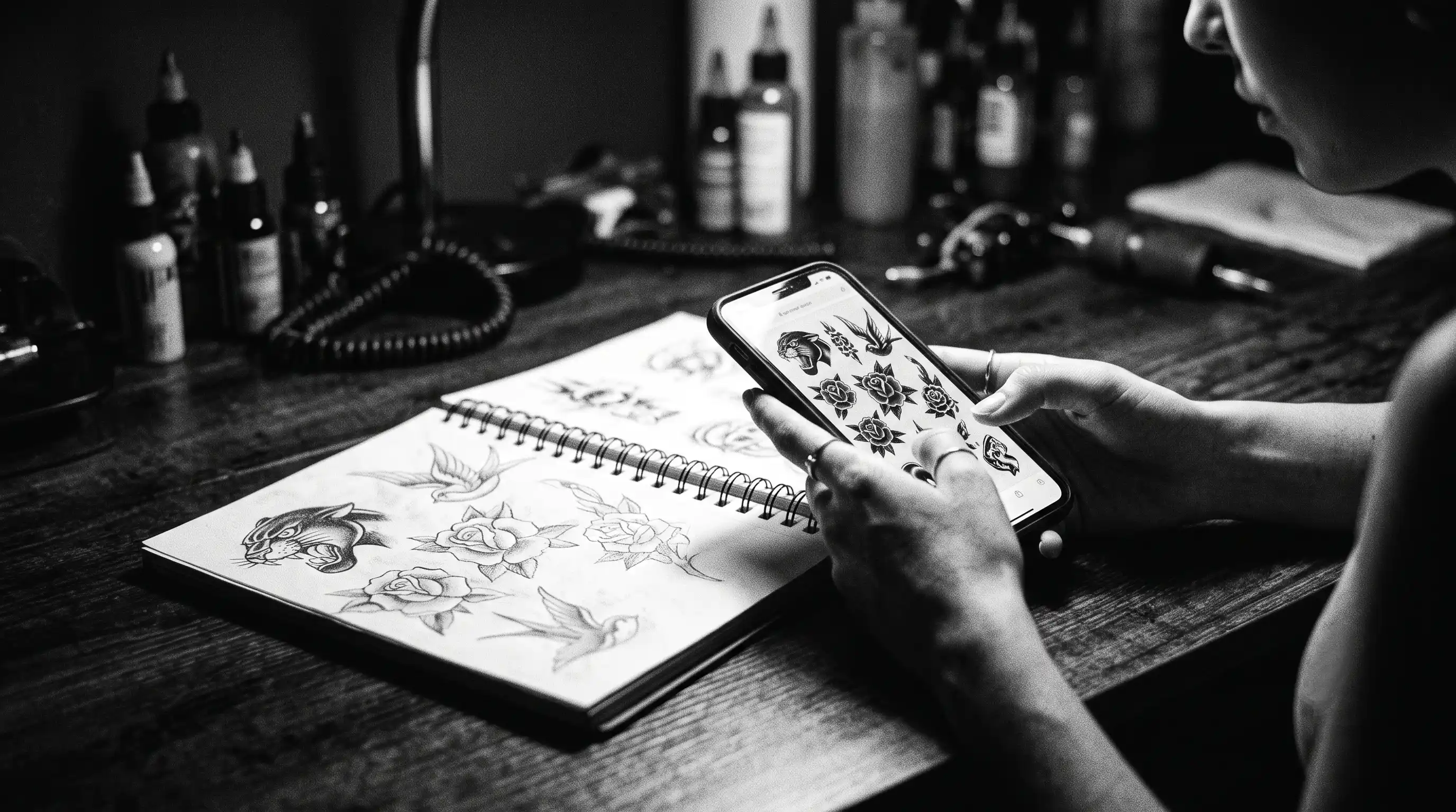 Hände halten ein Smartphone mit Referenzbildern neben einem Skizzenbuch im Tattoostudio