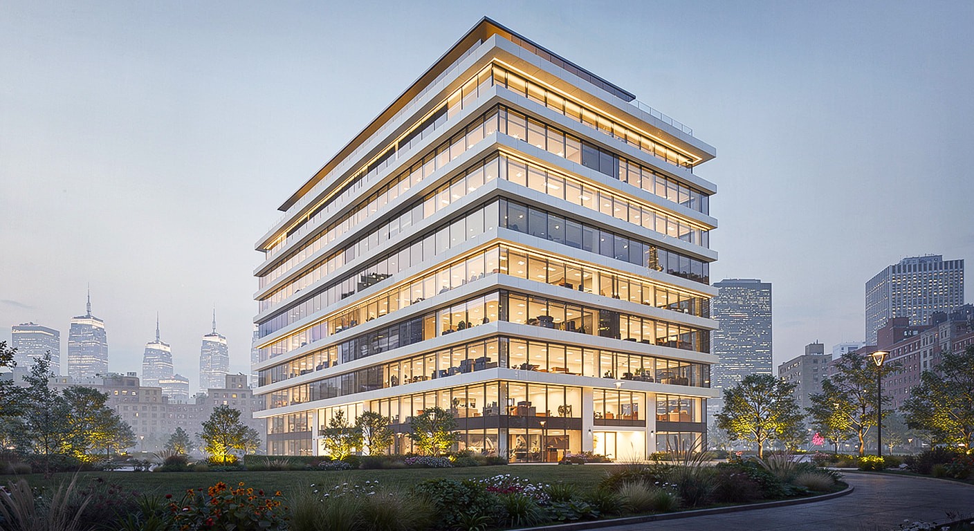 Modern office building with illuminated windows