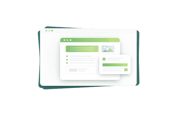 Minimalistic illustration of a landing page on a screen with a target icon, checklist, and conversion elements inside a white card with green border, representing landing page optimization.
