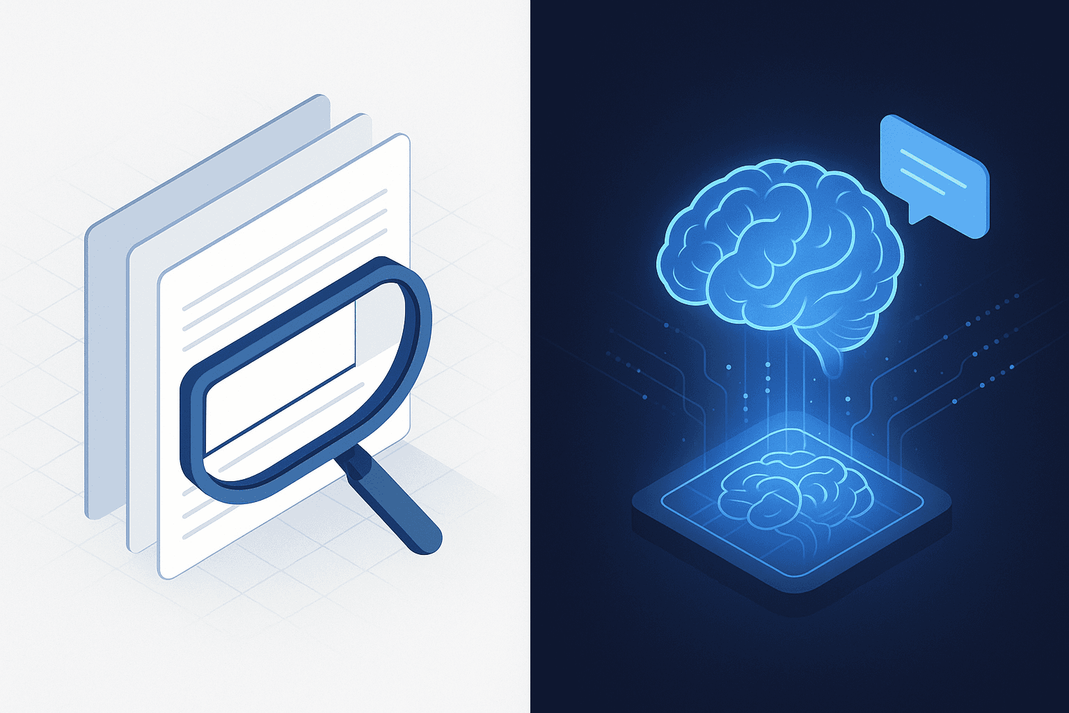 Split-screen illustration contrasting classic SEO search results with AI-powered generative answer engine.