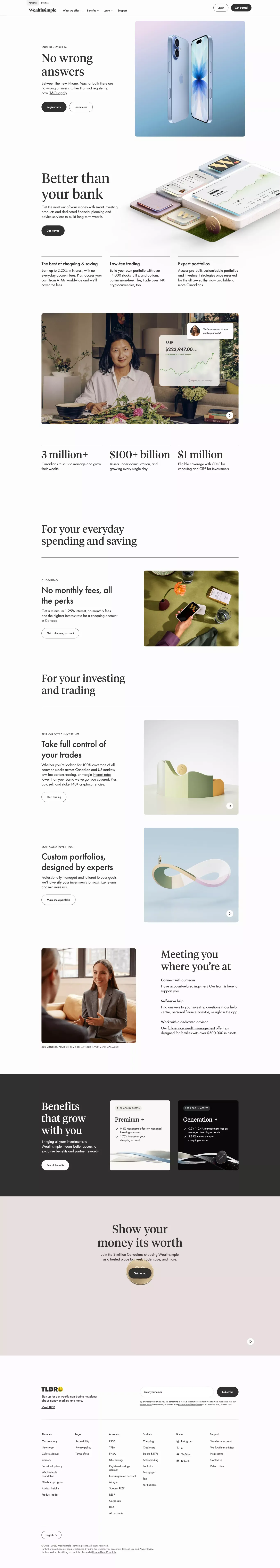Wealthsimple: Better than your bank landing page screenshot showcasing Finance and Tech design