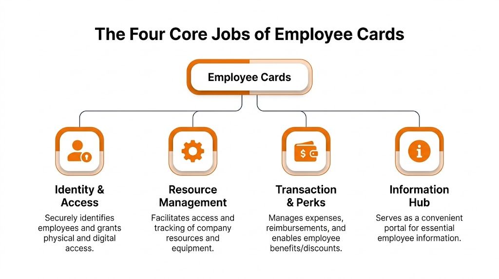 A diagram illustrating the four core functions of employee cards: identity, resource management, transactions, and information access.