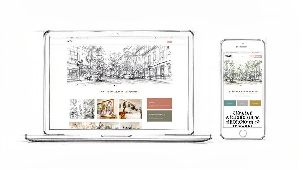 A hand-drawn sketch of a responsive website design shown on a laptop and smartphone.