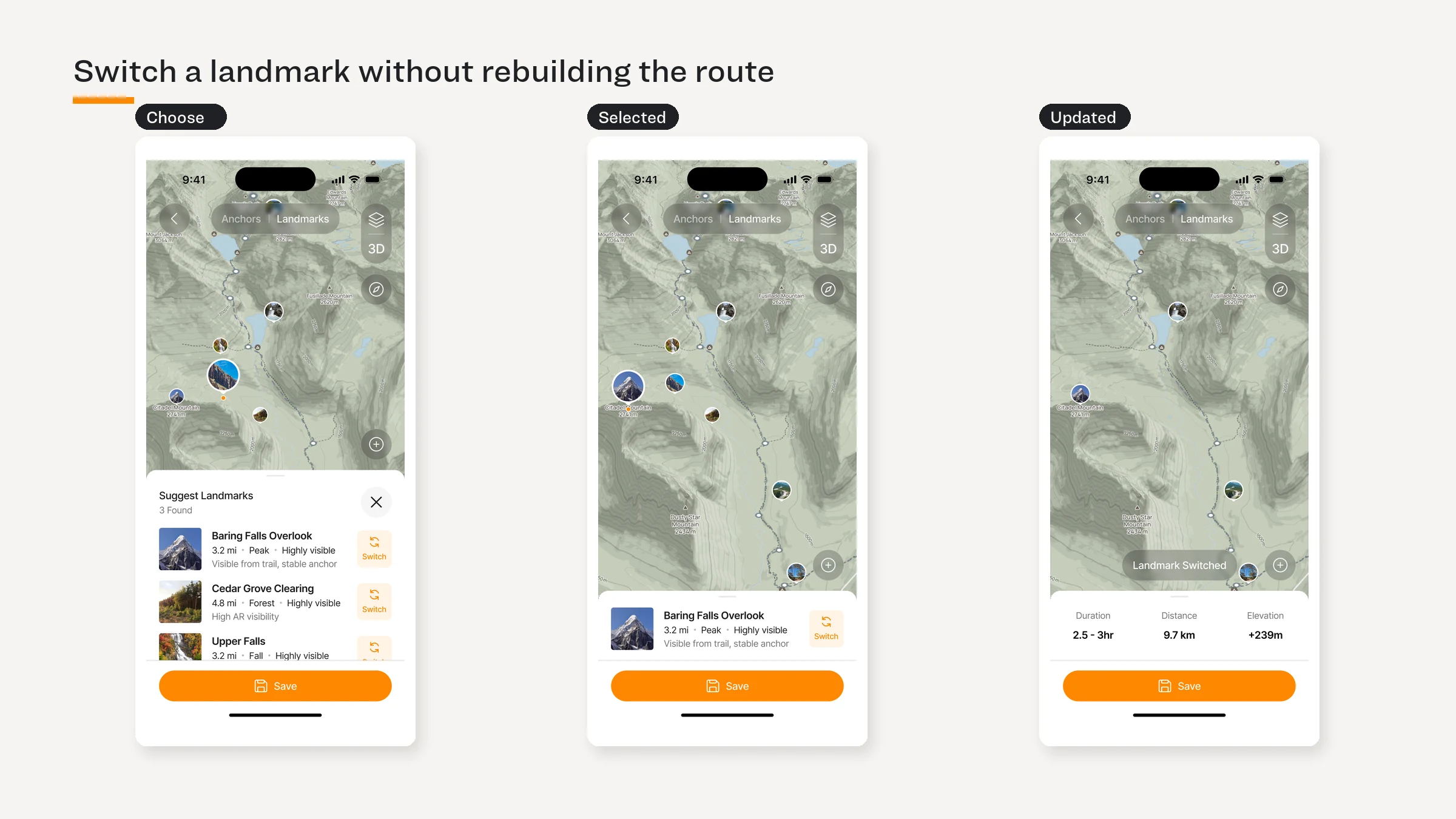 Three phone screens showing landmark choice, selection, and route update.